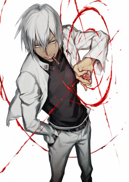 Anime picture 955x1350 with kekkai sensen studio bones zapp renfro zono (st09pf) single tall image short hair simple background smile white background looking away from above grey hair open clothes open jacket grey eyes hand in pocket smirk boy jacket