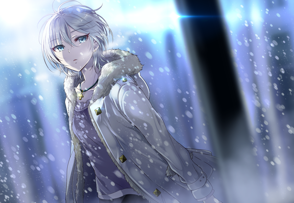 Anime picture 1229x850 with idolmaster idolmaster cinderella girls anastasia (idolmaster) gen (enji) single looking at viewer fringe short hair blue eyes hair between eyes silver hair outdoors blurry open jacket fur trim snowing winter exhalation girl jacket