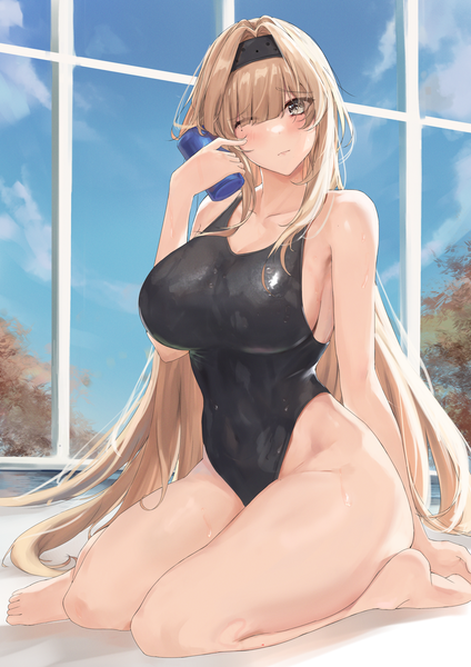 Anime picture 2894x4093 with punishing: gray raven bianca (punishing: gray raven) aoi 13 single long hair tall image looking at viewer blush fringe highres breasts light erotic blonde hair large breasts sitting yellow eyes sky cleavage cloud (clouds) bent knee (knees)
