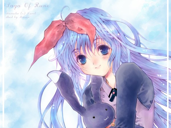 Anime picture 1024x768 with original tagme (artist) single long hair looking at viewer fringe blue eyes smile hair between eyes holding blue hair long sleeves happy borrowed character girl bow hair bow toy stuffed animal vest