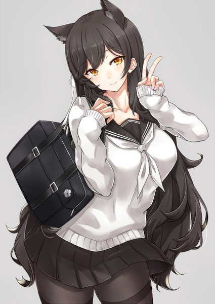 Anime picture 877x1239 with azur lane atago (azur lane) atago (school daydream) (azur lane) asya single long hair tall image looking at viewer blush fringe breasts black hair simple background smile standing animal ears yellow eyes long sleeves head tilt pleated skirt