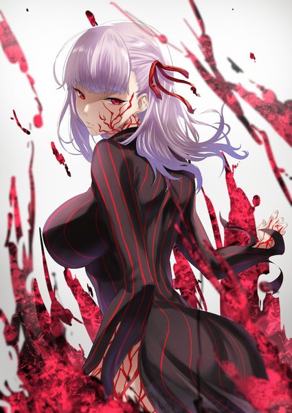 Anime picture 944x1334 with fate (series) fate/stay night matou sakura dark sakura fujitsubo (hujitubo0731) single long hair tall image looking at viewer fringe breasts light erotic red eyes large breasts silver hair blunt bangs parted lips from behind blurry tears