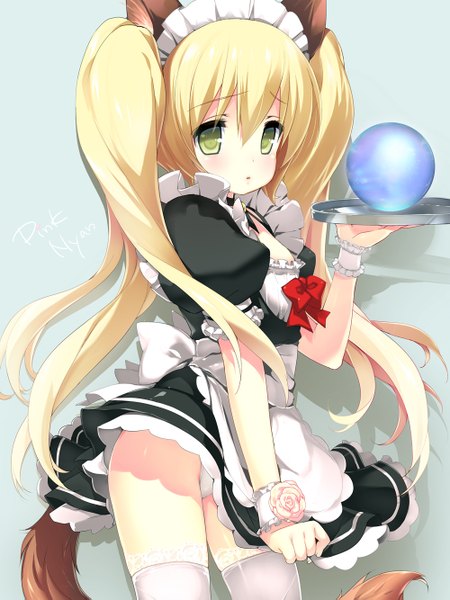 Anime picture 1000x1333 with tera online elin (tera) emily (pure dream) long hair tall image looking at viewer light erotic blonde hair twintails green eyes animal ears tail animal tail maid pantyshot girl thighhighs dress underwear panties