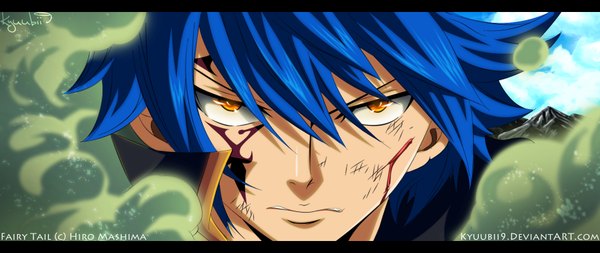 Anime picture 1900x802 with fairy tail jellal fernandes kyuubii9 single highres short hair wide image blue hair sky cloud (clouds) orange eyes tattoo coloring facial mark close-up face angry dust boy blood