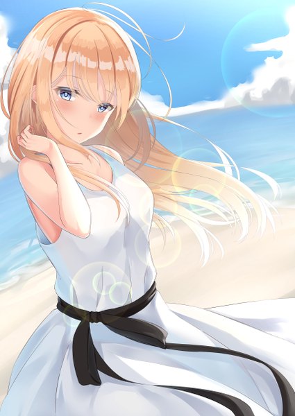 Anime picture 860x1214 with original kanade pa single long hair tall image looking at viewer blush fringe breasts blue eyes blonde hair hair between eyes standing bare shoulders sky cloud (clouds) ahoge outdoors head tilt arm up