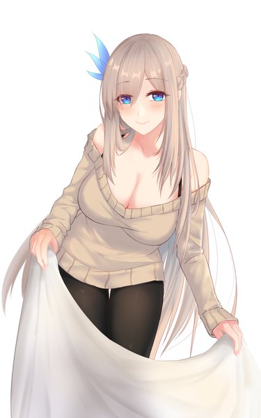 Anime picture 1200x1920 with warship girls r lexington (warship girls r) hiroshi (2443303124) single long hair tall image looking at viewer blush fringe breasts blue eyes light erotic simple background smile hair between eyes brown hair large breasts standing white background holding