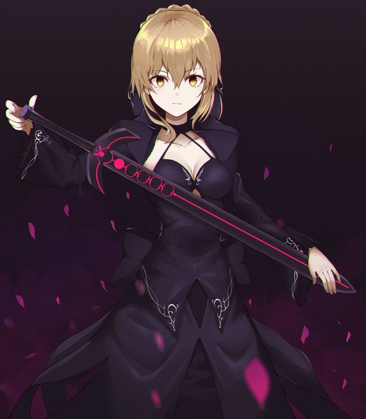 Anime picture 1500x1714 with fate (series) fate/stay night artoria pendragon (all) saber alter tio (005) single tall image looking at viewer fringe short hair breasts simple background blonde hair hair between eyes standing holding yellow eyes payot cleavage braid (braids)