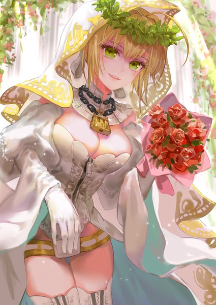 Anime picture 1324x1870 with fate (series) fate/extra fate/extra ccc nero claudius (fate) (all) nero claudius (fate) nero claudius (bride) (fate) qidai single tall image looking at viewer short hair breasts light erotic blonde hair large breasts green eyes cleavage ahoge girl gloves