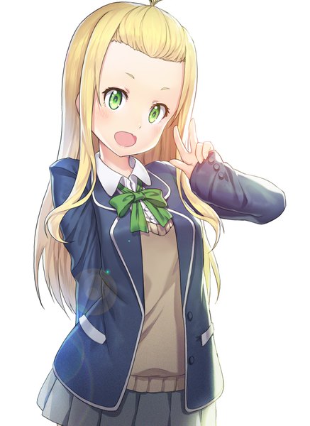 Anime picture 1286x1763 with kono bijutsubu niwa mondai ga aru feel (studio) collette madyy single long hair tall image looking at viewer blush open mouth simple background blonde hair smile standing white background green eyes payot ahoge :d pleated skirt