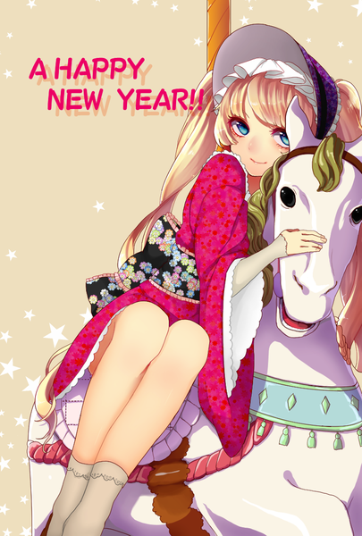 Anime picture 787x1165 with original curry gohan long hair tall image looking at viewer blue eyes blonde hair twintails traditional clothes japanese clothes new year happy new year 2014 girl animal socks kimono bonnet horse