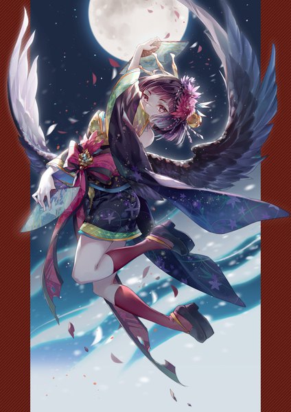 Anime picture 800x1132 with sdorica -sunset- yamitsuki (sdorica) ouu min single tall image looking at viewer short hair black hair full body flying black wings pillarboxed girl hair ornament petals wings socks moon full moon fan