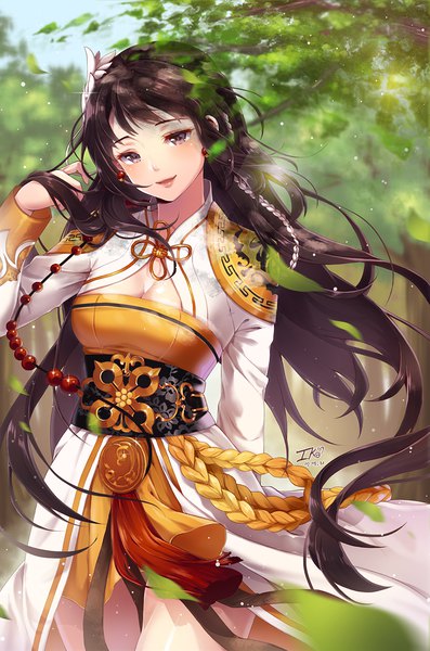Anime picture 800x1207 with dungeon and fighter female priest (dungeon and fighter) ika (4801055) single long hair tall image looking at viewer blush fringe breasts smile brown hair standing brown eyes signed outdoors traditional clothes head tilt japanese clothes wind