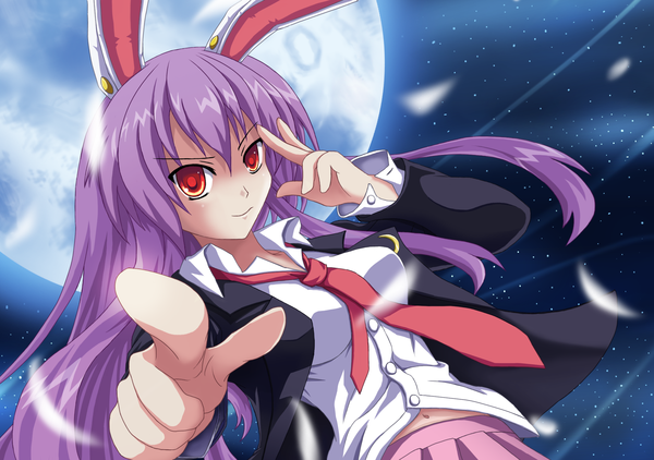 Anime picture 2128x1500 with touhou reisen udongein inaba zqhzx (artist) long hair highres smile red eyes purple hair bunny ears bunny girl girl petals necktie moon