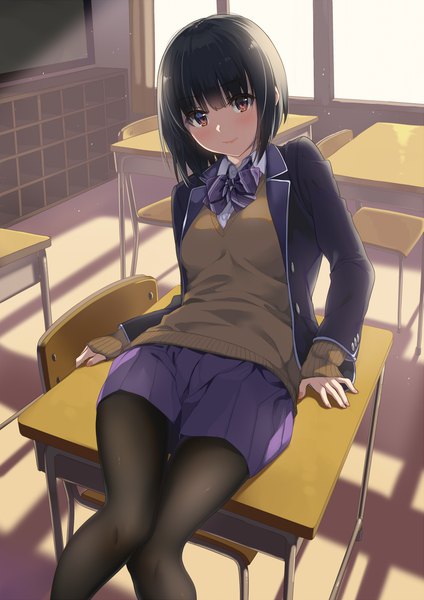 Anime picture 1413x2000 with original unasaka ryou single tall image looking at viewer blush fringe short hair black hair smile brown eyes indoors blunt bangs long sleeves head tilt pleated skirt fingernails open clothes arm support thigh gap