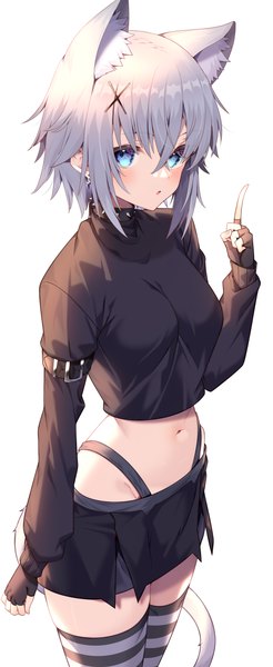 Anime picture 1601x3900 with original jun (aousa0328) single tall image looking at viewer blush fringe short hair breasts open mouth blue eyes simple background hair between eyes standing white background animal ears tail long sleeves animal tail arm up