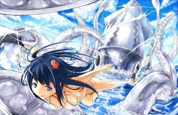 Anime picture 2480x1606 with highres blue eyes light erotic blue hair girl swimsuit bikini tentacles octopus
