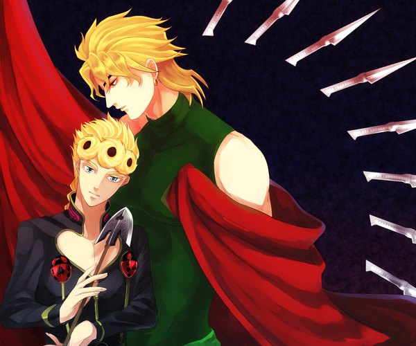Anime-Bild 1800x1500 mit jojo no kimyou na bouken dio brando giorno giovanna mai0124 looking at viewer fringe highres short hair blue eyes simple background blonde hair hair between eyes red eyes standing holding upper body profile multiple boys sleeveless looking down