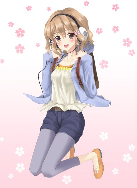 Anime picture 1000x1375 with hanasaku iroha p.a. works matsumae ohana bridget faust single tall image looking at viewer blush short hair open mouth brown hair brown eyes jumping girl shorts headphones wire (wires) backpack
