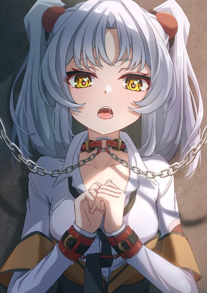Anime picture 1447x2047 with martian successor nadesico xebec hoshino ruri ru-ha single long hair tall image looking at viewer blush fringe open mouth light erotic twintails yellow eyes silver hair upper body symbol-shaped pupils saliva open collar heart-shaped pupils
