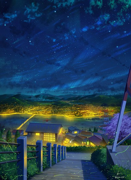Anime picture 870x1200 with original niko p tall image sky cloud (clouds) night night sky cherry blossoms city horizon cityscape no people landscape city lights river street electricity plant (plants) tree (trees) insect