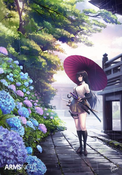 Anime picture 1285x1830 with original arms note fukai ryosuke single long hair tall image fringe black hair standing brown eyes signed looking away sky cloud (clouds) full body outdoors plaid skirt rain summer girl
