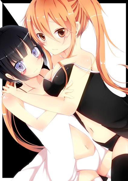 Anime picture 867x1227 with original bloodcatblack (tsukiko) long hair tall image looking at viewer blush short hair breasts blue eyes light erotic large breasts twintails bare shoulders multiple girls cleavage orange hair bare belly orange eyes embarrassed flat chest