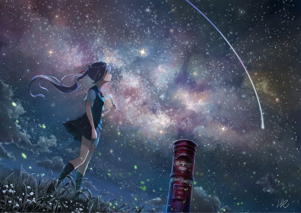 Anime picture 2208x1565 with original hoshizaki reita single long hair highres signed purple hair ponytail pleated skirt night from below night sky looking up walking shooting star milky way girl skirt uniform plant (plants)