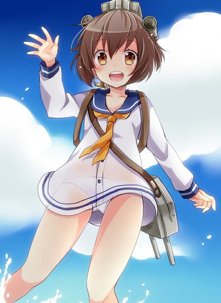 Anime picture 700x958 with kantai collection yukikaze destroyer kubyou azami single tall image looking at viewer blush fringe short hair open mouth light erotic brown hair brown eyes sky cloud (clouds) from below girl underwear panties white panties