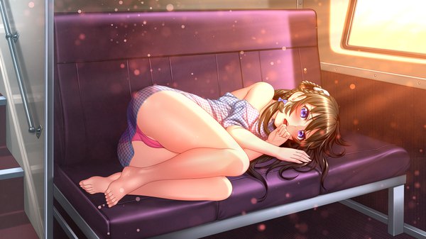 Anime picture 2880x1620 with original lucknight single long hair looking at viewer blush fringe highres open mouth light erotic hair between eyes brown hair wide image purple eyes full body lying braid (braids) barefoot fingernails sunlight