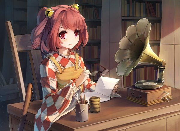Anime picture 1200x872 with touhou motoori kosuzu xiaoyin li single blush fringe short hair sitting looking away red hair traditional clothes parted lips japanese clothes pink eyes two side up hair bell girl glasses book (books) apron