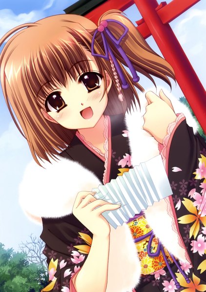 Anime picture 2252x3203 with tagme (copyright) nishimata aoi single tall image blush highres short hair open mouth brown hair brown eyes absurdres traditional clothes japanese clothes one side up girl belt kimono torii fur-trimmed kimono omikuji