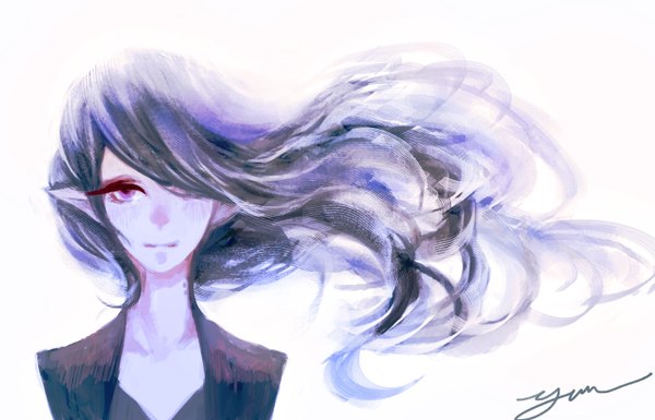 Anime picture 1400x900 with adventure time marceline (adventure time) yun (pixiv) single long hair looking at viewer fringe simple background white background purple eyes signed purple hair light smile hair over one eye girl