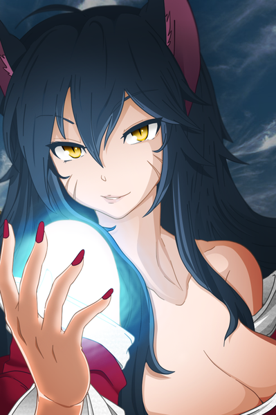 Anime picture 729x1095 with league of legends ahri (league of legends) nikkonh single long hair tall image looking at viewer fringe light erotic black hair smile bare shoulders animal ears yellow eyes cleavage fingernails facial mark whisker markings glow animal eyes