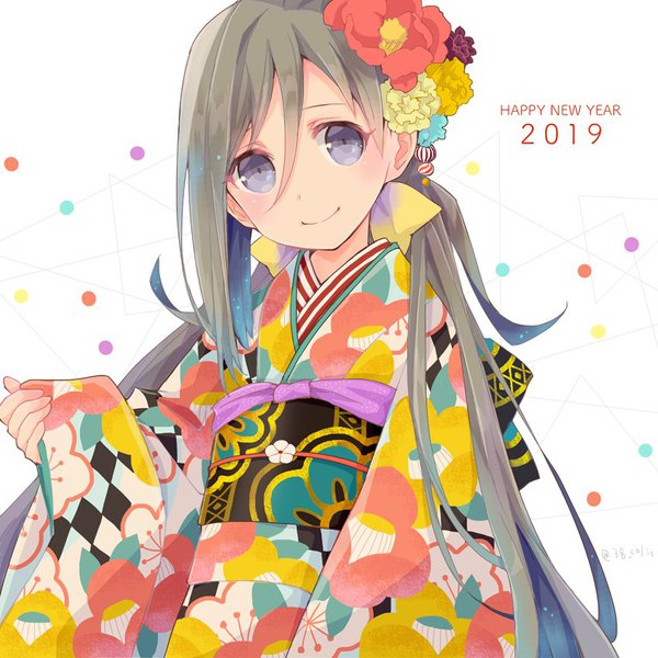 Anime-Bild 850x850 mit kantai collection kiyoshimo destroyer colis single long hair looking at viewer fringe smile hair between eyes purple eyes signed traditional clothes head tilt japanese clothes grey hair twitter username low ponytail new year happy new year 2019