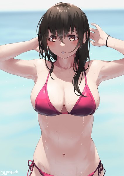 Anime picture 800x1131 with original aya (jonsun) jonsun single long hair tall image looking at viewer blush fringe breasts light erotic hair between eyes brown hair large breasts standing brown eyes payot cleavage upper body outdoors