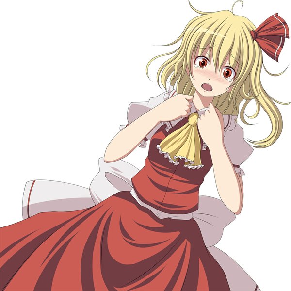 Anime picture 1000x1000 with touhou flandre scarlet s-syogo single blush short hair open mouth simple background blonde hair red eyes white background girl dress bow hair bow