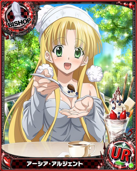Anime picture 640x800 with highschool dxd asia argento single long hair tall image looking at viewer blush open mouth blonde hair bare shoulders green eyes card (medium) girl food sweets cup ice cream cap