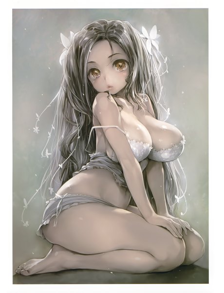 Anime picture 2919x3805 with original eshi 100-nin ten ishikei single long hair tall image looking at viewer fringe highres breasts light erotic black hair simple background large breasts sitting bare shoulders brown eyes cleavage bent knee (knees) head tilt