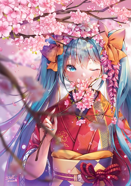 Anime picture 800x1132 with vocaloid hatsune miku ika (4801055) single long hair tall image looking at viewer blush fringe hair between eyes twintails nail polish traditional clothes japanese clothes one eye closed hair flower aqua eyes fingernails aqua hair cherry blossoms