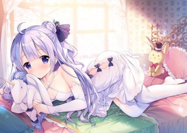 Anime picture 1688x1200 with azur lane unicorn (azur lane) sousouman single long hair looking at viewer blush fringe light erotic purple eyes purple hair ahoge lying blunt bangs sunlight blurry depth of field one side up on side halterneck