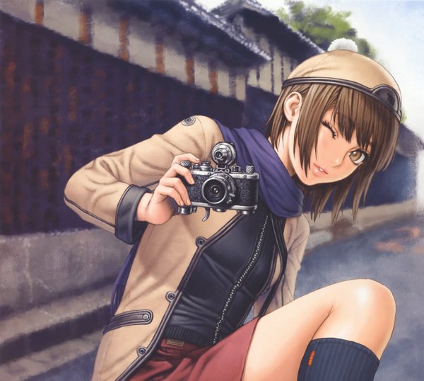 Anime picture 2818x2529 with original tsukasa jun single looking at viewer fringe highres short hair brown hair holding brown eyes one eye closed lips wink street girl skirt hat jacket scarf camera