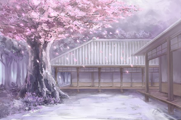 Anime picture 1350x900 with original c.z. cherry blossoms no people flower (flowers) plant (plants) petals tree (trees) forest house