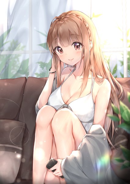 Anime picture 1200x1694 with original cuna (qunya) single long hair tall image looking at viewer blush fringe breasts light erotic smile brown hair large breasts sitting bare shoulders holding brown eyes payot cleavage indoors