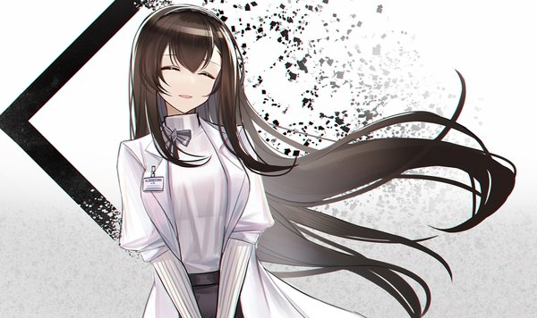 Anime picture 1684x1000 with azur lane priestess (arknights) eternity (shadeh) single long hair fringe open mouth simple background hair between eyes brown hair wide image standing eyes closed grey background puffy sleeves floating hair ^ ^ girl id card labcoat