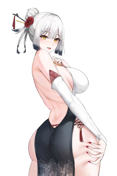 Anime picture 4000x6000 with original lillly single tall image looking at viewer fringe highres short hair breasts open mouth light erotic simple background smile large breasts white background yellow eyes absurdres ass white hair blunt bangs