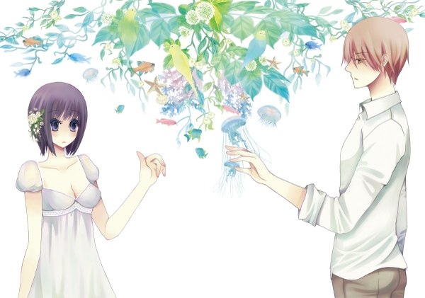 Anime picture 1200x843 with liar game akiyama shinichi kanzaki nao uzura (artist) blush short hair simple background blonde hair white background purple eyes yellow eyes purple hair profile hair flower couple girl dress boy hair ornament flower (flowers)