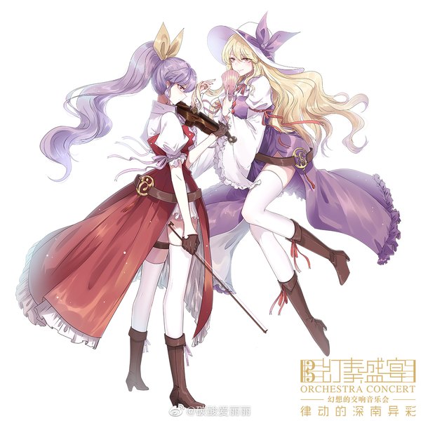 Anime picture 1181x1181 with touhou watatsuki no yorihime watatsuki no toyohime aili (aliceandoz) long hair looking at viewer fringe simple background blonde hair red eyes standing white background multiple girls signed yellow eyes purple hair full body ponytail long sleeves wide sleeves