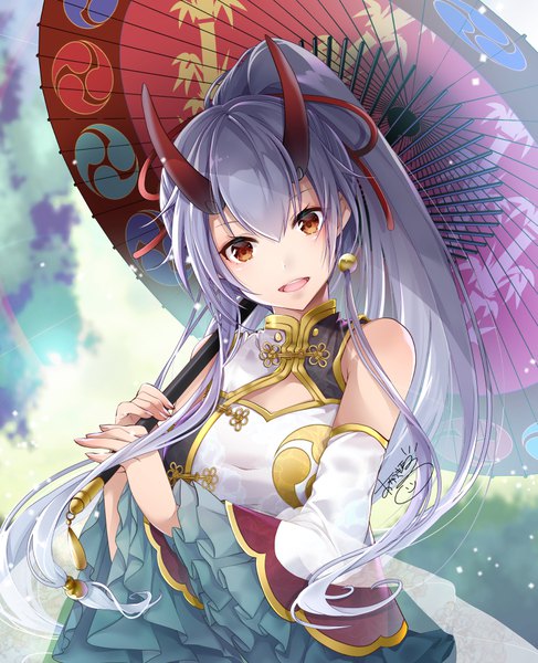 Anime picture 813x1000 with fate (series) fate/grand order tomoe gozen (fate) akatsuki hijiri single long hair tall image looking at viewer blush fringe open mouth hair between eyes red eyes bare shoulders holding signed payot silver hair upper body ponytail