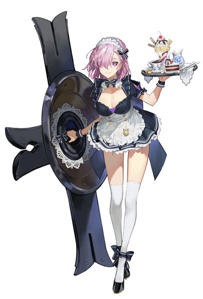 Anime picture 2871x4216 with fate (series) fate/grand order mash kyrielight chyoel single tall image fringe highres short hair light erotic simple background smile white background purple eyes purple hair full body hair over one eye maid alternate costume ankle ribbon