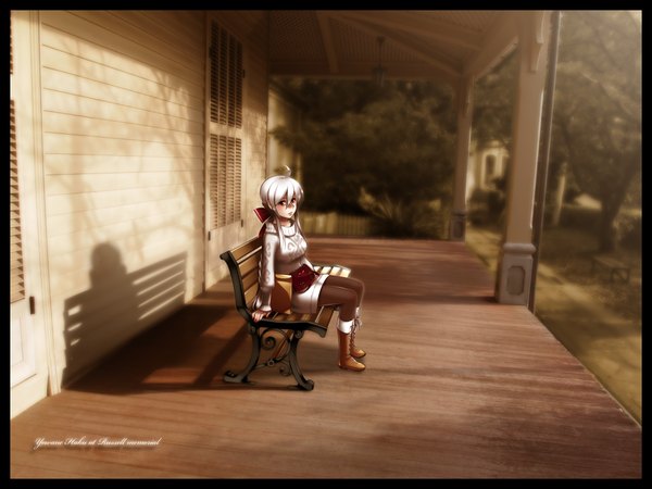 Anime picture 1920x1440 with vocaloid yowane haku caffein single long hair highres red eyes ahoge white hair girl boots bench